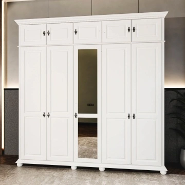 Dulap Teodora 5 usi si suprapozabil lemn masiv, 258.8 x 62 x 260 cm, alb unt