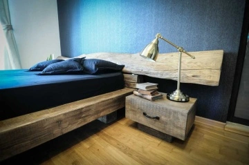 Pat lemn masiv pin model Samara, grinzi solide rustice, 140 cm, 160 cm, 180 cm sau 200 cm x 200 cm - Img 2