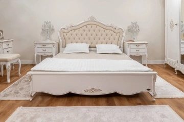 Pat Tapitat dormitor Monalisa Classic Stil, vopsit alb cu patina aurie, 180 x 200 cm - Img 3