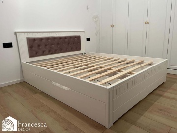 Pat tapitat maro taupe cu sertar Noblesse, Lemn masiv alb, 140 cm, 160 cm sau 180 x 200 cm - Img 3