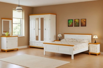 Set dormitor Sara, lemn masiv, 3 piese, dulap cu 4 usi, finisaj alb unt + miere - Img 1