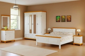 Set dormitor Sara, lemn masiv, 3 piese, dulap cu 4 usi, finisaj alb unt + miere