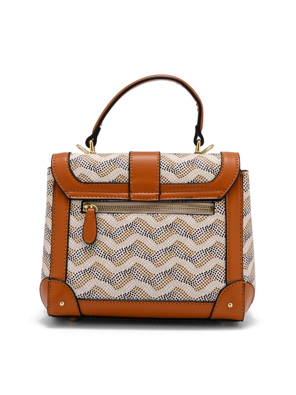 ДАМСКА ЕЛЕГАНТНА ЧАНТА ОТ ЕСТЕСТВЕНА КОЖА С ПРИНТ В БЕЖОВО БЯЛО И КАФЯВО