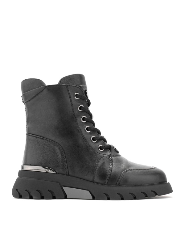 BLACK METALLIC ACCENT GENUINE LEATHER FLAT PLATFORM BOOTS FOR WOMEN