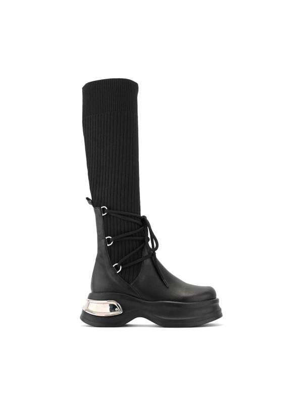 WOMEN'S HIGH PLATFORM BOOTS IN GENUINE LEATHER AND TEXTILE