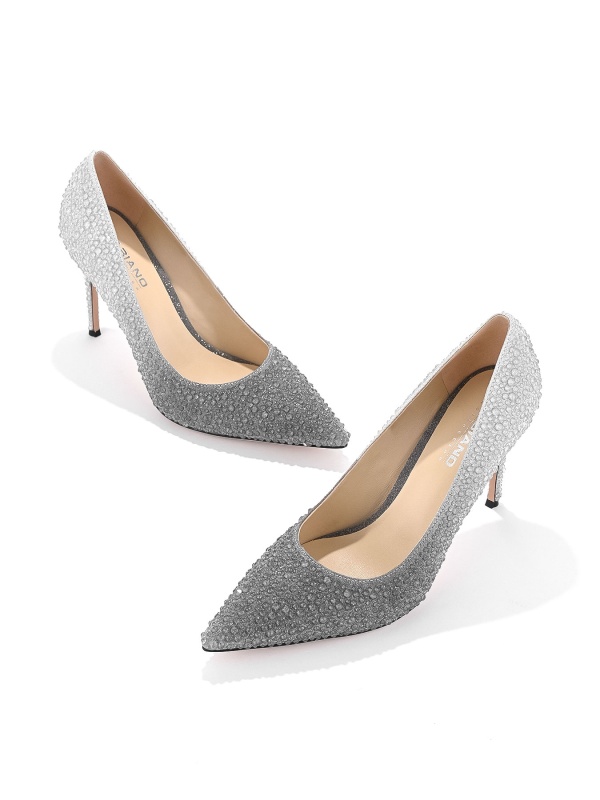 WOMEN'S HIGH THIN HEEL SHOES WITH STONES IN A COLOR THAT FLOWS TO SILVER