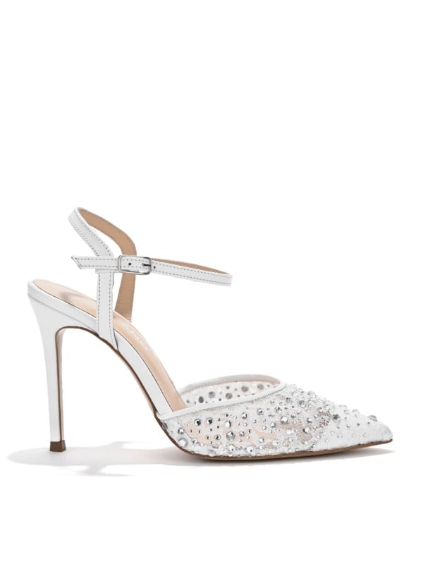 WOMEN'S HIGH THIN HEEL SANDALS WITH GLITTERING STONES IN WHITE COLOR