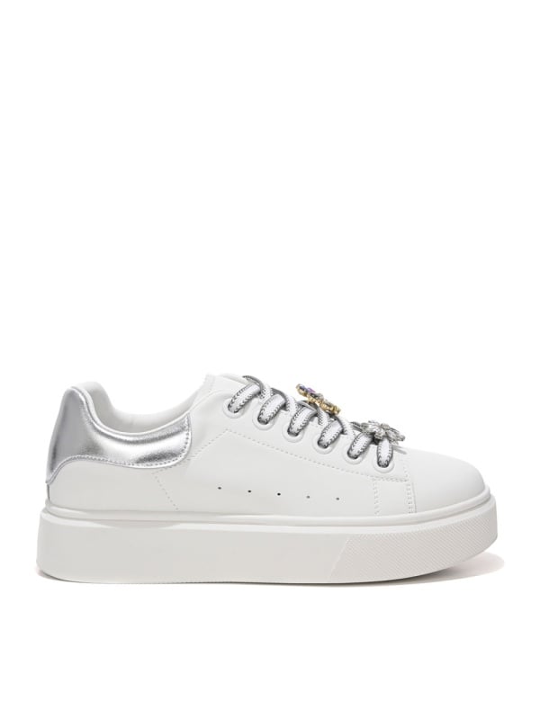 WOMEN'S SNEAKERS MADE OF GENUINE LEATHER IN WHITE WITH SILVER ACCENTS