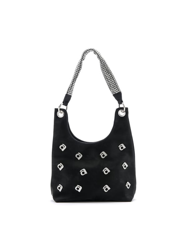 WOMEN'S BAG IN BLACK COLOR DECORATED WITH SILVER LETTERS AND STONES ON THE HANDLE