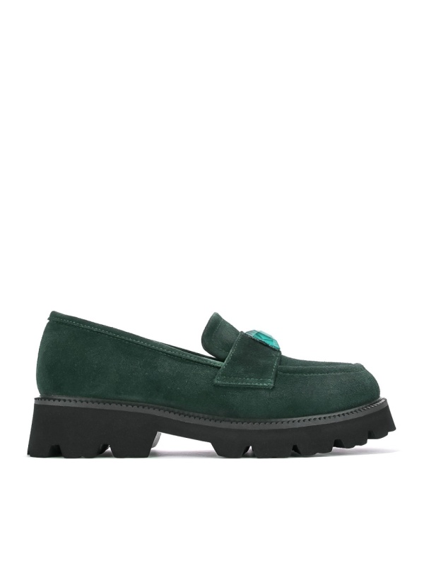 WOMEN'S GREEN STONE DECORATED NATURAL SUEDE LOAFERS