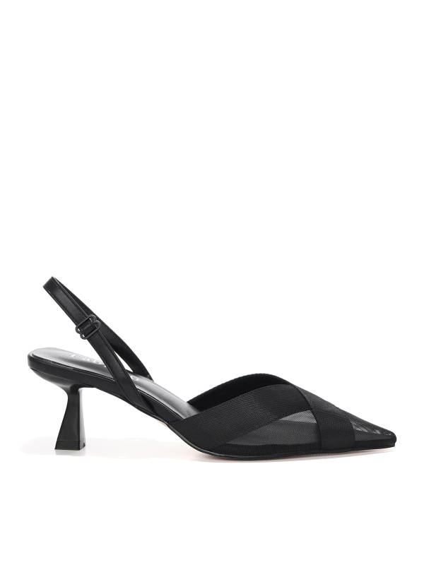 WOMEN'S SANDALS WITH A MEDIUM THIN HEEL IN SATIN AND MESH WITH AN OPEN HEEL