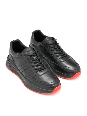 MEN'S SPORTS SHOES MADE OF GENUINE LEATHER IN BLACK WITH RED SOLE