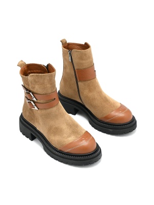 WOMEN'S BOOTS MADE OF NATURAL SUEDE AND LEATHER WITH BUCKLES IN CAMEL COLOR