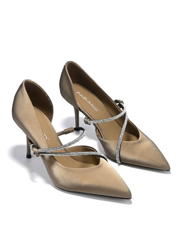 WOMEN'S FORMAL SHOES MADE OF GENUINE LEATHER WITH 3D PRINT IN BEIGE WITH CRYSTALS STRAPS