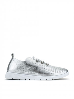 WOMEN'S PERFORATED GENUINE LEATHER FLAT PLATFORM SHOES WITH STONES