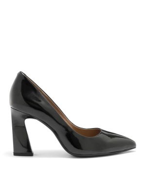 WOMEN'S SHOES MADE OF GENUINE LEATHER WITH PATENT COATING WITH HIGH THICK HEEL IN BLACK COLOR