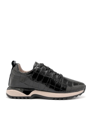 WOMEN'S SPORTS SHOES MADE OF GENUINE LEATHER WITH LACQUERED COATING AND CROCODILE EFFECT IN BLACK COLOR