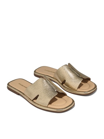 Тапочки женские на плоской подошве из натуральной кожи золотистого цвета