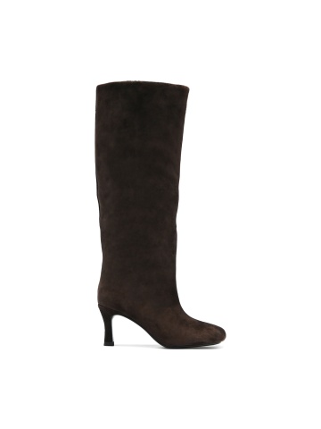 WOMEN'S ELEGANT BOOTS MADE OF NATURAL SUEDE IN BROWN WITH SQUARE TOE AND HIGH HEEL