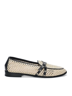 WOMEN'S LOAFERS WITH PERFORATION IN BEIGE DECORATED WITH BLACK LEATHER STRAPS