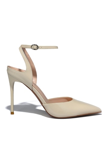 WOMEN'S SANDALS WITH A HIGH THIN HEEL MADE OF GENUINE LEATHER WITH LACQUERED COATING IN BEIGE COLOR WITH A THIN ANKLE STRAP