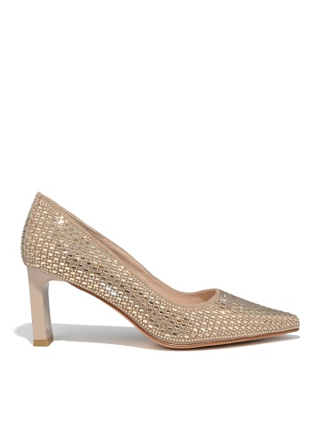WOMEN'S SHOES MADE OF NATURAL SUEDE IN BEIGE WITH STONES AND HIGH THICK HEEL