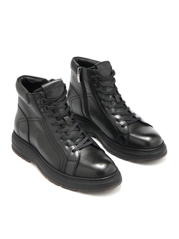 MEN'S GENUINE LEATHER SPORTS BOOTS IN BLACK WITH ZIPPER AND LACE-UPS