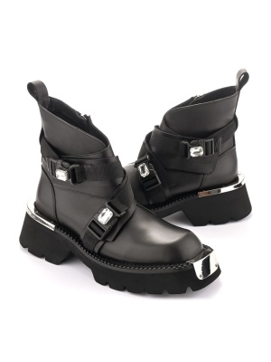 WOMEN'S BOOTS IN GENUINE LEATHER WITH THICK GRIP SOLE AND METAL DECORATIVE ELEMENTS