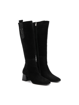 WOMEN'S BOOTS MADE OF NATURAL BLACK VELVET WITH DECORATIVE EMBLEM