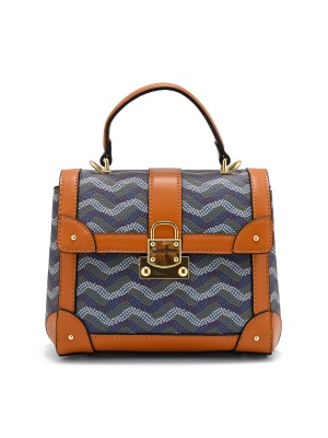 WOMEN'S ELEGANT GENUINE LEATHER BAG WITH PRINT IN BLUE AND BEIGE