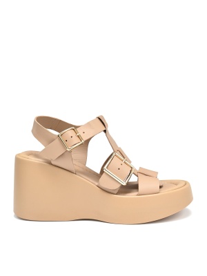 WOMEN'S GENUINE LEATHER PLATFORM SANDALS IN BEIGE WITH BUCKLES
