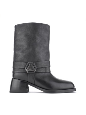 WOMEN'S MEDIUM THICK HEEL BOOTS IN GENUINE LEATHER DECORATED WITH ELEGANT BUCKLE