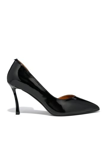 WOMEN'S SHOES MADE OF GENUINE LEATHER WITH PATENT COATING IN BLACK WITH CUT-OUT DESIGN AND HIGH THIN HEEL