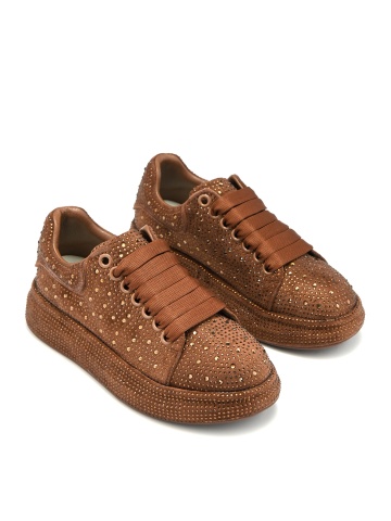 WOMEN'S NATURAL SUEDE SNEAKERS COVERED WITH PEBBLES IN BROWN