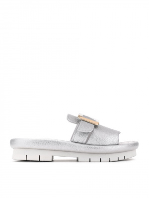 WOMEN'S SILVER GENUINE LEATHER SLIPPERS DECORATED WITH BUCKLE