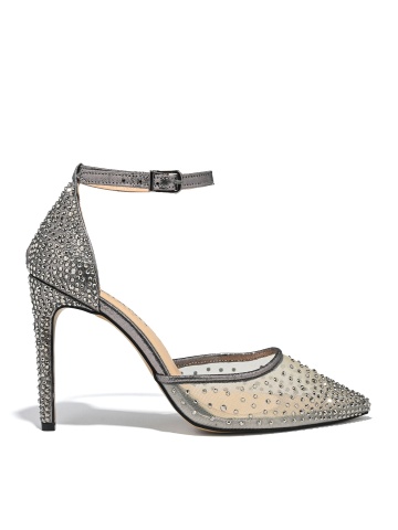 ДАМСКИ ОБУВКИ СЪС СРЕБРИСТИ КАМЪНИ НА ТЪНЪК ВИСОК ТОК