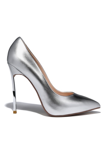 WOMEN'S ELEGANT SHOES MADE OF GENUINE LEATHER IN SILVER WITH A SHAPED TOE AND A HIGH THIN METAL HEEL