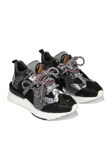 WOMEN'S GENUINE LEATHER SHOES IN BLACK AND SILVER WITH STONES AND ANIMAL PRINT