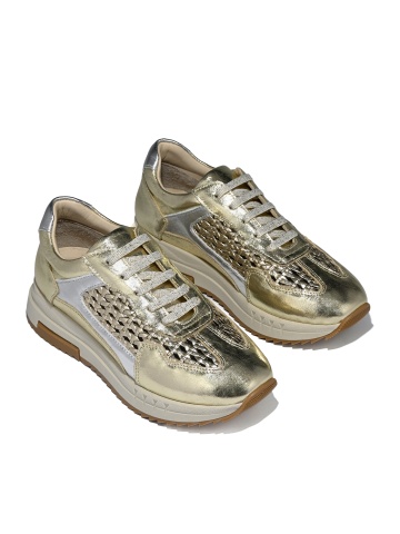 WOMEN'S GENUINE LEATHER SHOES IN GOLD AND SILVER WITH KNITTED ELEMENTS