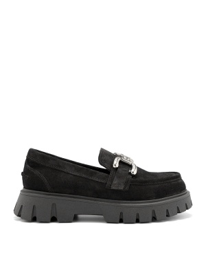 WOMEN'S LOAFERS MADE OF NATURAL VELVET IN BLACK WITH METAL BUCKLE