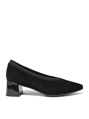 WOMEN'S SHOES MADE OF NATURAL SUEDE IN BLACK WITH V-NECKLINE AND MEDIUM THICK HEEL