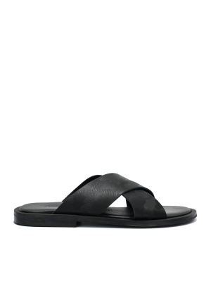 MEN'S SLIPPERS MADE OF GENUINE LEATHER AND TEXTILE IN BLACK WITH CAMOUFLAGE PATTERN
