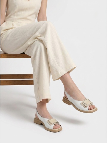 WOMEN'S SANDALS WITH OPEN HEEL ON FLAT SOLE MADE OF GENUINE LEATHER WITH DECORATION