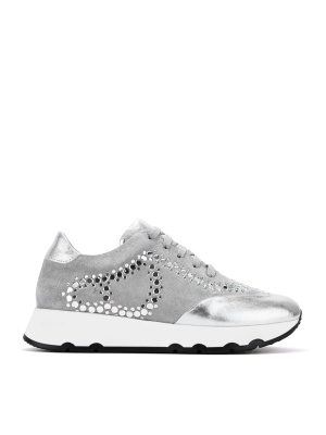 WOMEN'S SHOES MADE OF GENUINE LEATHER AND SUEDE DECORATED WITH SILVER-COLORED STONES