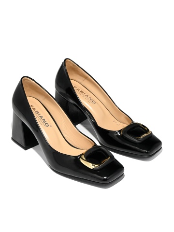 LADIES' ELEGANT THICK HIGH HEEL SHOES MADE OF GENUINE LEATHER WITH LACQUERED COATING IN BLACK WITH GOLDEN BUCKLE