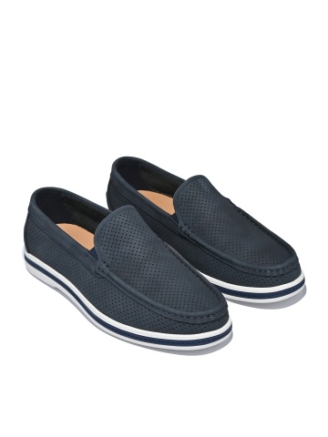MEN'S GENUINE LEATHER MOCCASINS IN DARK BLUE WITH PERFORATION AND CONTRAST SOLE