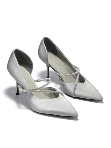 WOMEN'S FORMAL SHOES MADE OF GENUINE LEATHER WITH 3D PRINT IN SILVER WITH CRYSTALS STRAPS