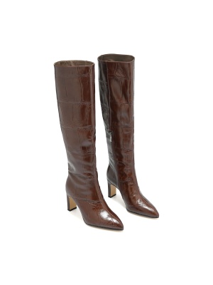 WOMEN'S HIGH-HEEL BOOTS MADE OF GENUINE LEATHER WITH CROCODILE EMBOSSING IN BROWN COLOR