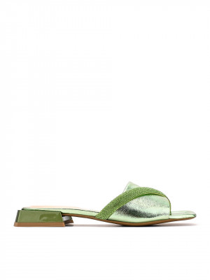 WOMEN'S LOW HEEL GENUINE LEATHER SLIPPERS IN METALLIC GREEN
