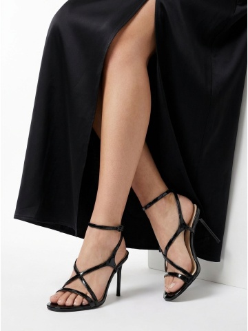 WOMEN'S SANDALS MADE OF GENUINE LEATHER WITH LACQUERED COATING IN BLACK WITH HIGH THIN HEEL